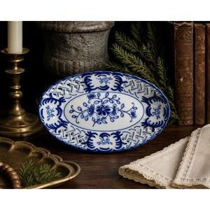 Lillian Vernon Scalloped Reticulated Oval Blue White Porcelain 8" Serving Dish
